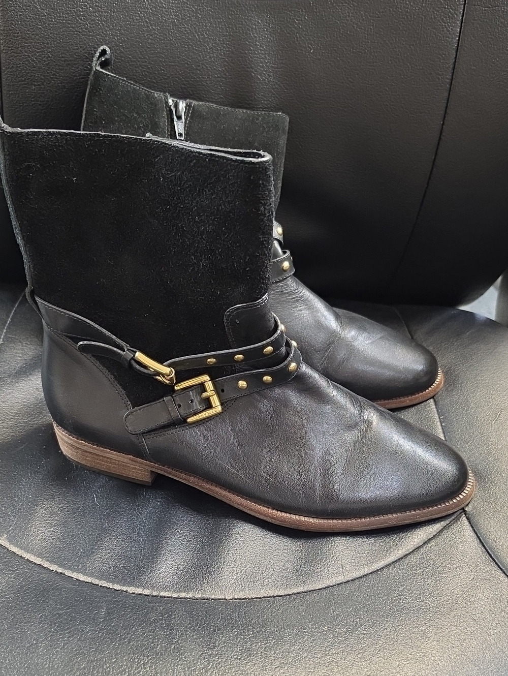 Coach Black Leather & Suede Ankle Boots with Gold Buckle